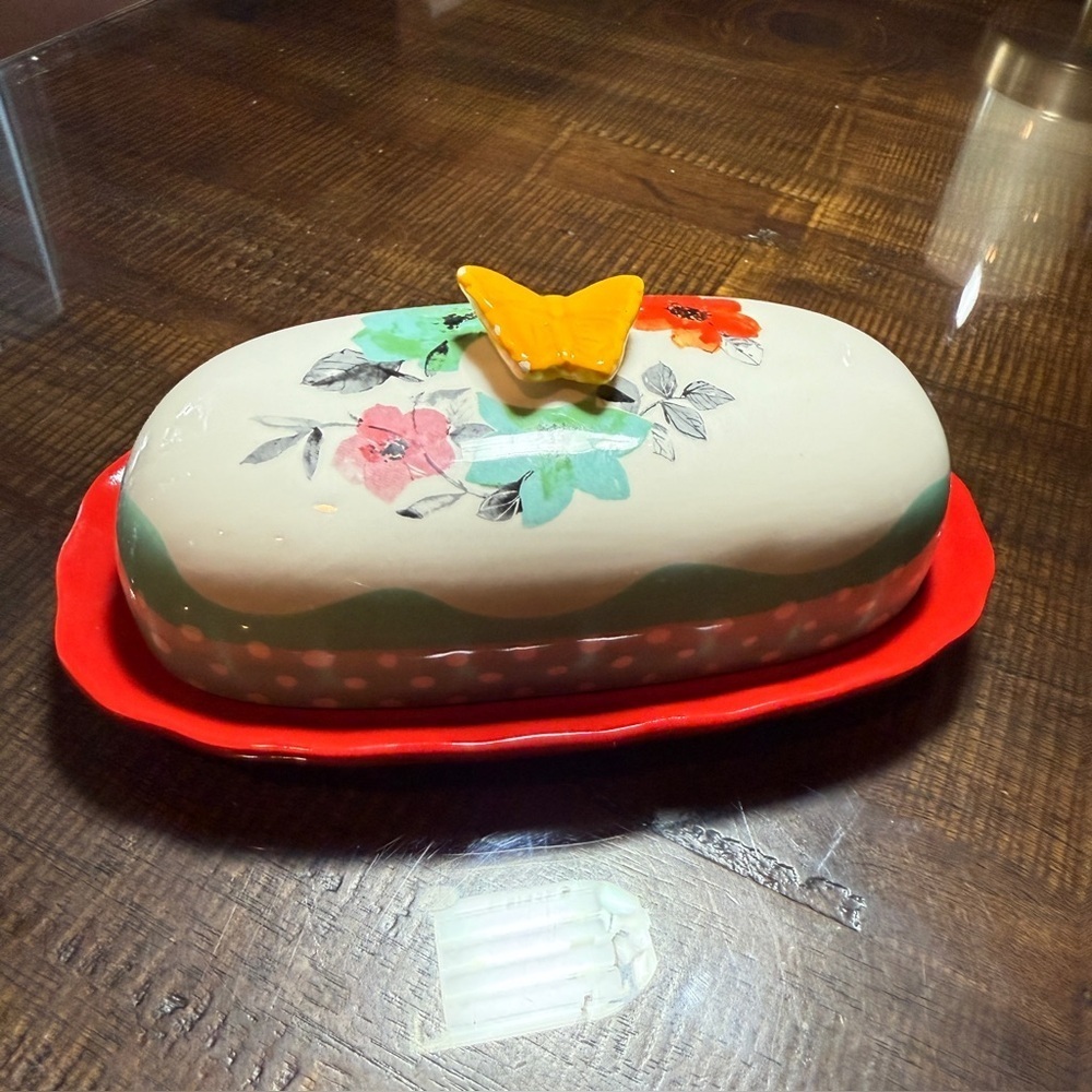 Pioneer Woman Floral Ceramic Butter Dish with Butterfly Accent CottageCore Farm